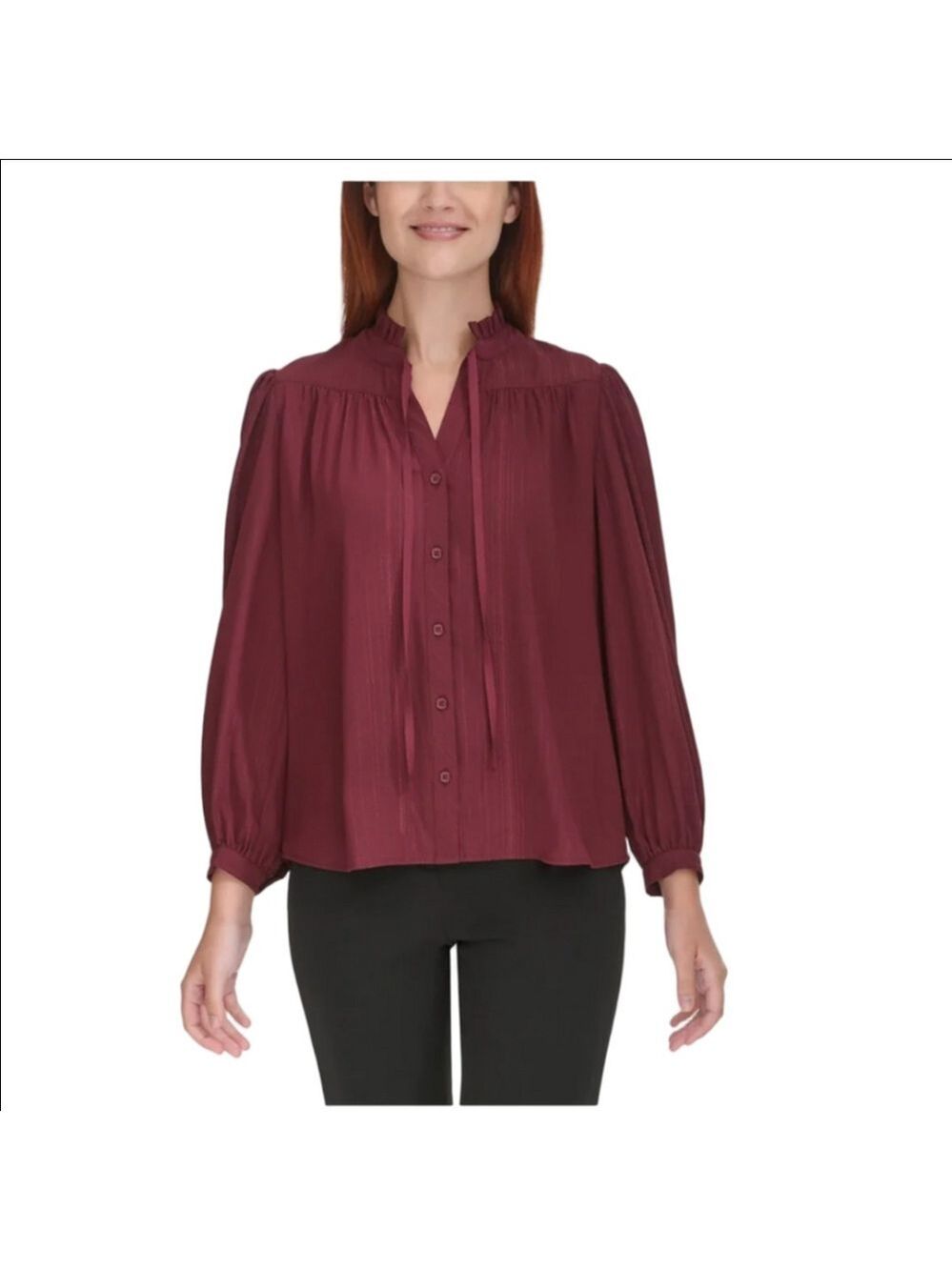 ​DKNY Burgundy Ruffle Tie Neck Button Front Long Sleeve Blouse Size Medium